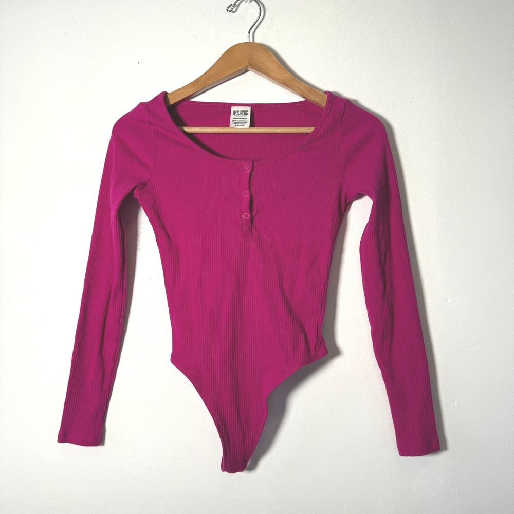PINK Victoria's Secret Magenta Pink Ribbed Henley Long Sleeve Bodysuit‎ XS
